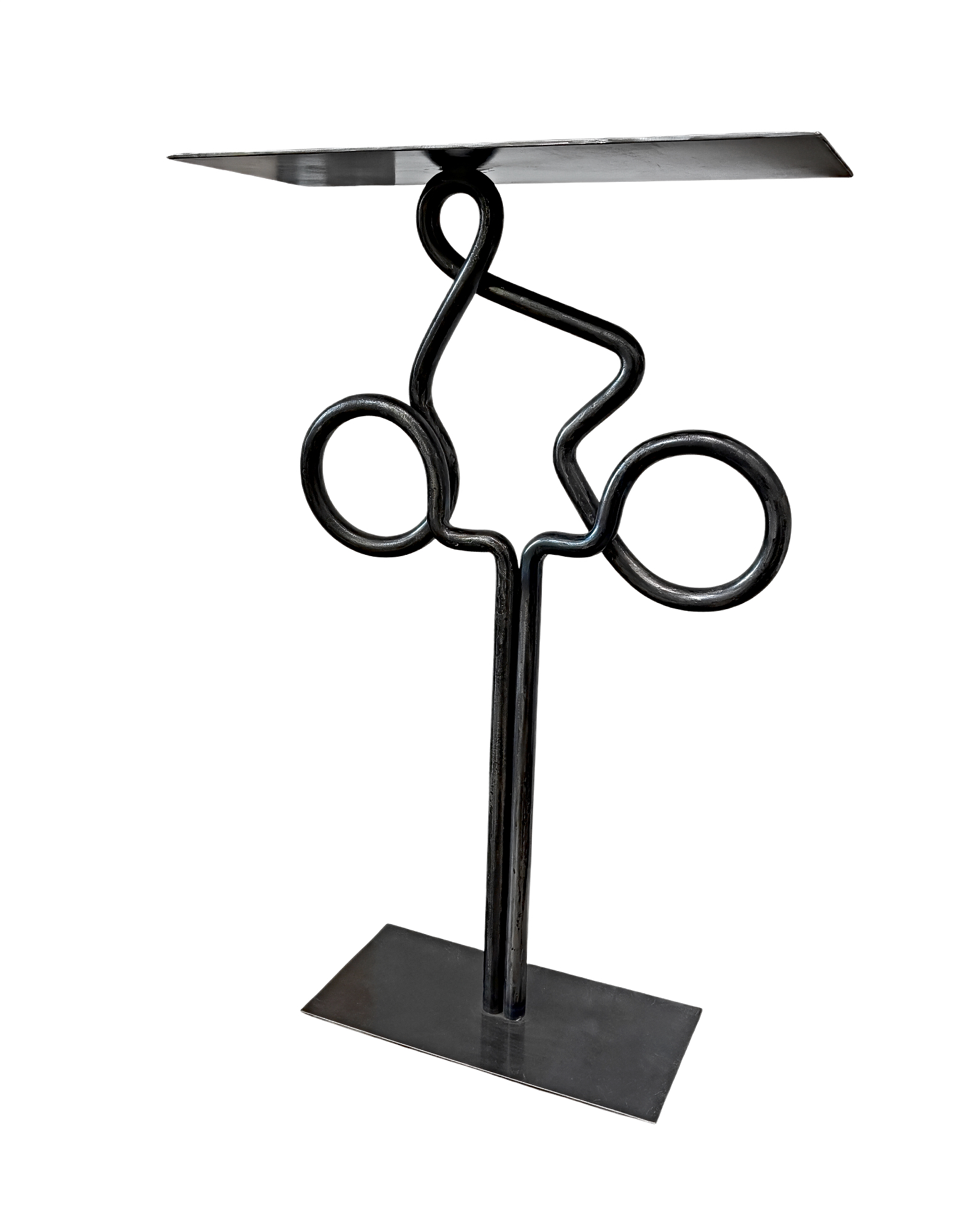 Clear View 1, one-of-a-kind steel cyclist table by Canadian metal artist Paul Reimer at Effusion Art Gallery in Invermere, BC.