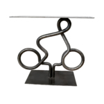 Clear View 2, one-of-a-kind steel cyclist table by Canadian metal artist Paul Reimer at Effusion Art Gallery in Invermere, BC.