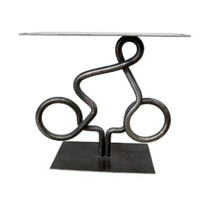 Clear View 2, one-of-a-kind steel cyclist table by Canadian metal artist Paul Reimer at Effusion Art Gallery in Invermere, BC.