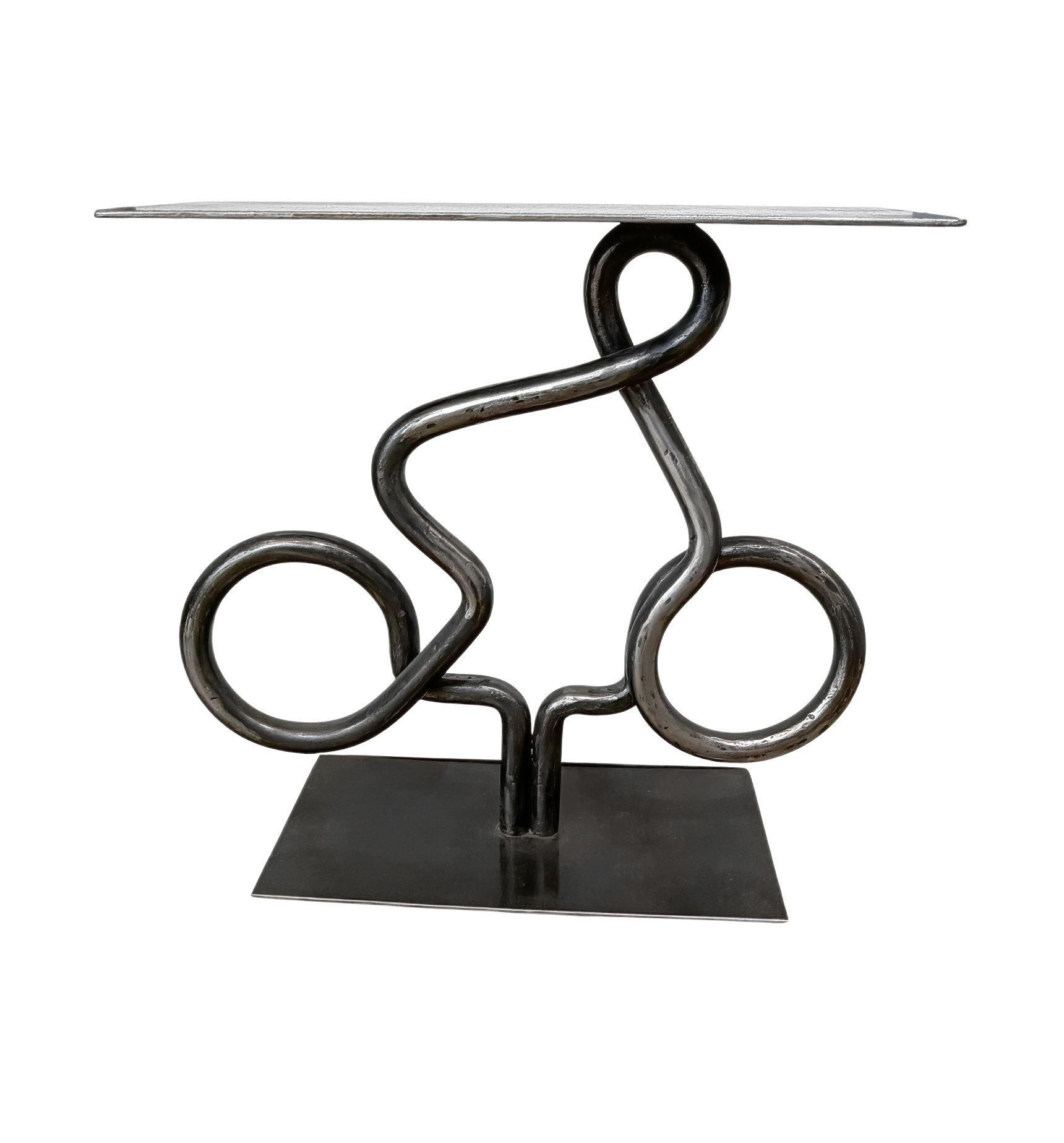 Clear View 2, one-of-a-kind steel cyclist table by Canadian metal artist Paul Reimer at Effusion Art Gallery in Invermere, BC.