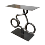 Clear View 2, one-of-a-kind steel cyclist table by Canadian metal artist Paul Reimer at Effusion Art Gallery in Invermere, BC.