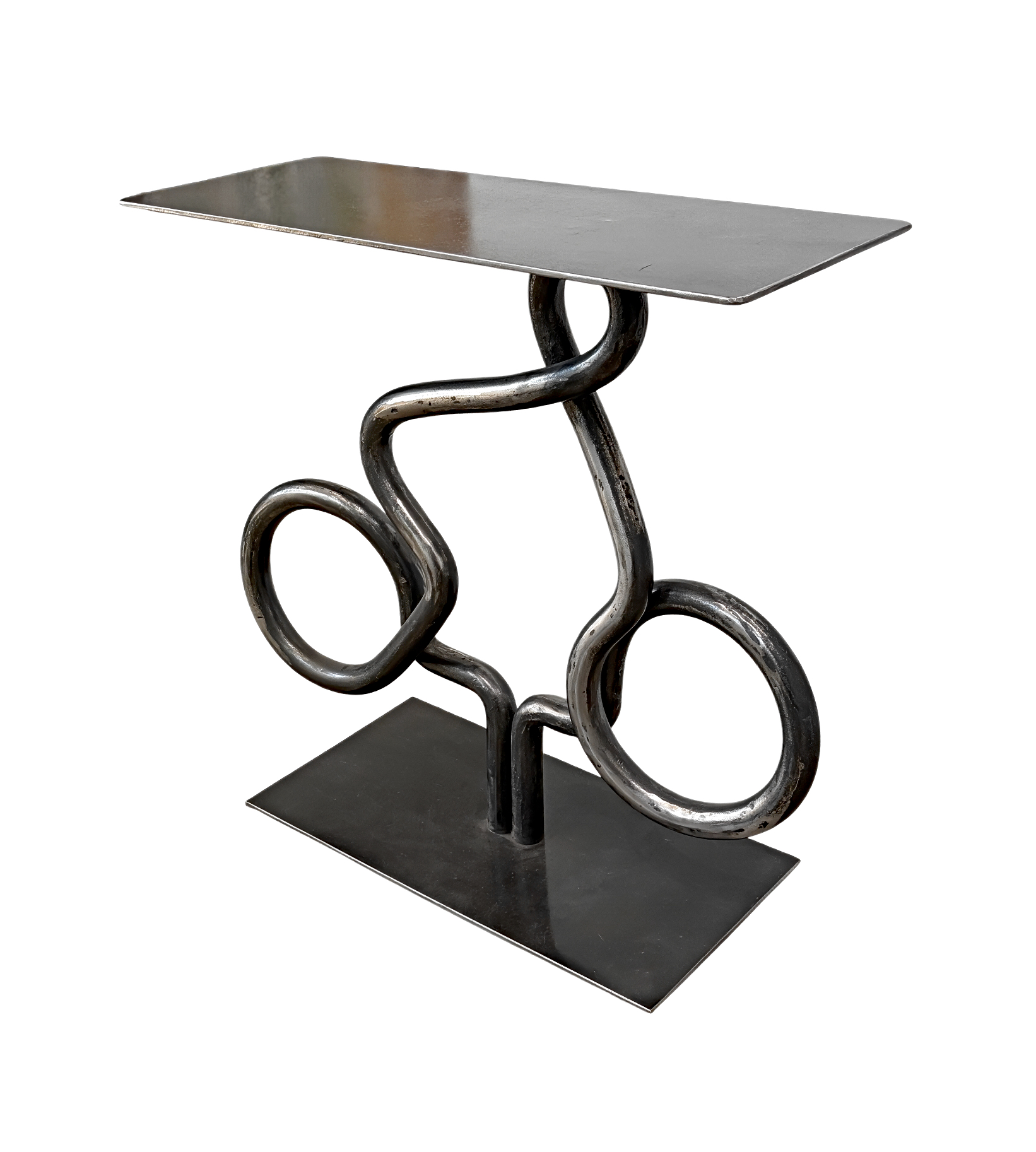 Clear View 2, one-of-a-kind steel cyclist table by Canadian metal artist Paul Reimer at Effusion Art Gallery in Invermere, BC.