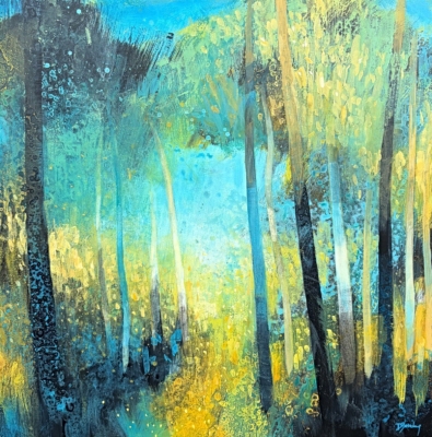 Brilliant Blue, original acrylic abstract tree painting by Canadian artist Diana Zasadny at Effusion Art Gallery in Invermere, BC.