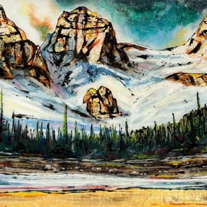 Out and About, original mixed media painting of the Three Sisters mountains in Banff National Park by Canadian artist David Zimmerman at Effusion Art Gallery in Invermere, BC.