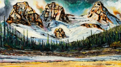 Out and About, original mixed media painting of the Three Sisters mountains in Banff National Park by Canadian artist David Zimmerman at Effusion Art Gallery in Invermere, BC.