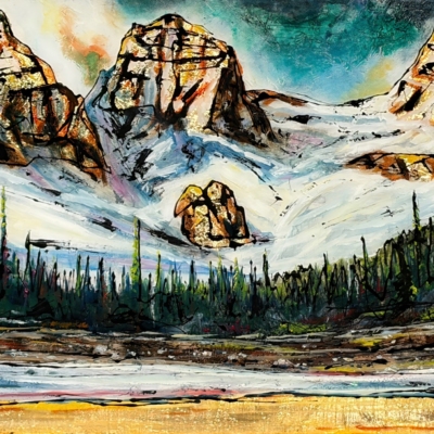 Out and About, original mixed media painting of the Three Sisters mountains in Banff National Park by Canadian artist David Zimmerman at Effusion Art Gallery in Invermere, BC.