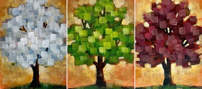 As Seasons Pass, set of three mini mixed media pixelated tree paintings in white, green, and red by Canadian artist Connie Geerts at Effusion Art Gallery in Invermere, BC.