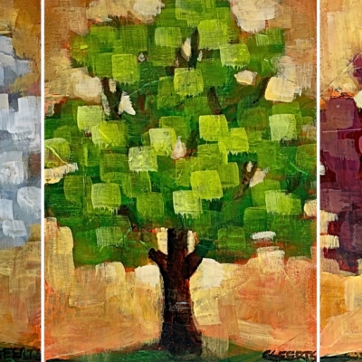 As Seasons Pass, set of three mini mixed media pixelated tree paintings in white, green, and red by Canadian artist Connie Geerts at Effusion Art Gallery in Invermere, BC.