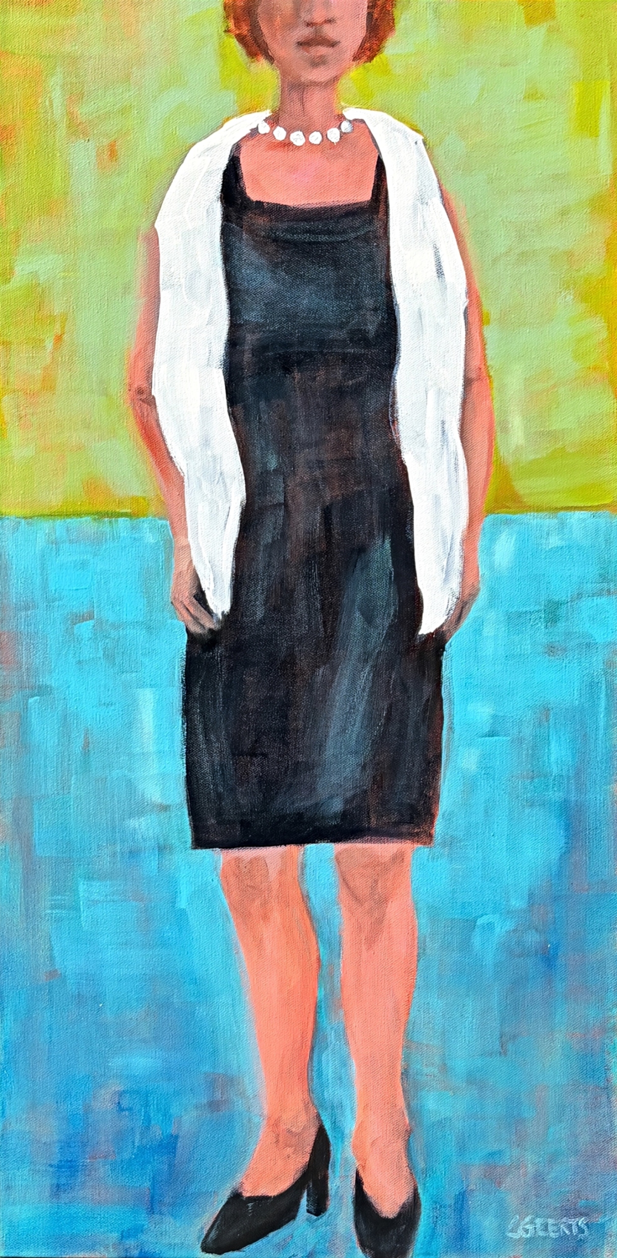 Little Black Dress, acrylic figurative painting by Canadian artist Connie Geerts at Effusion Art Gallery in Invermere, BC.