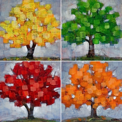 The Time of Colours, set of four mini mixed media pixelated autumn tree paintings in yellow, orange, green, and red by Canadian artist Connie Geerts at Effusion Art Gallery in Invermere, BC.