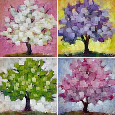 Then Spring Wakes, set of four mini mixed media pixelated spring tree paintings in white, purple, green, and pink by Canadian artist Connie Geerts at Effusion Art Gallery in Invermere, BC.