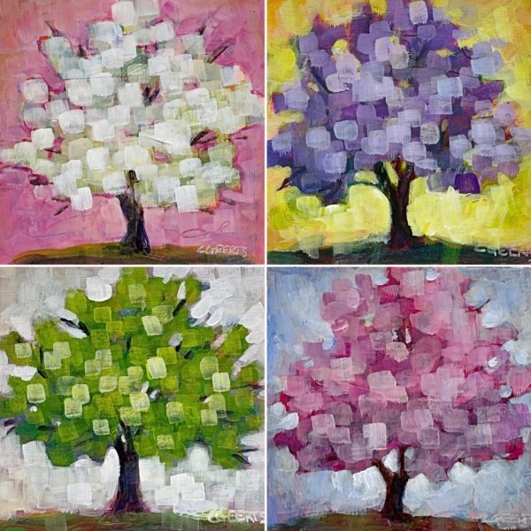 Then Spring Wakes, set of four mini mixed media pixelated spring tree paintings in white, purple, green, and pink by Canadian artist Connie Geerts at Effusion Art Gallery in Invermere, BC.