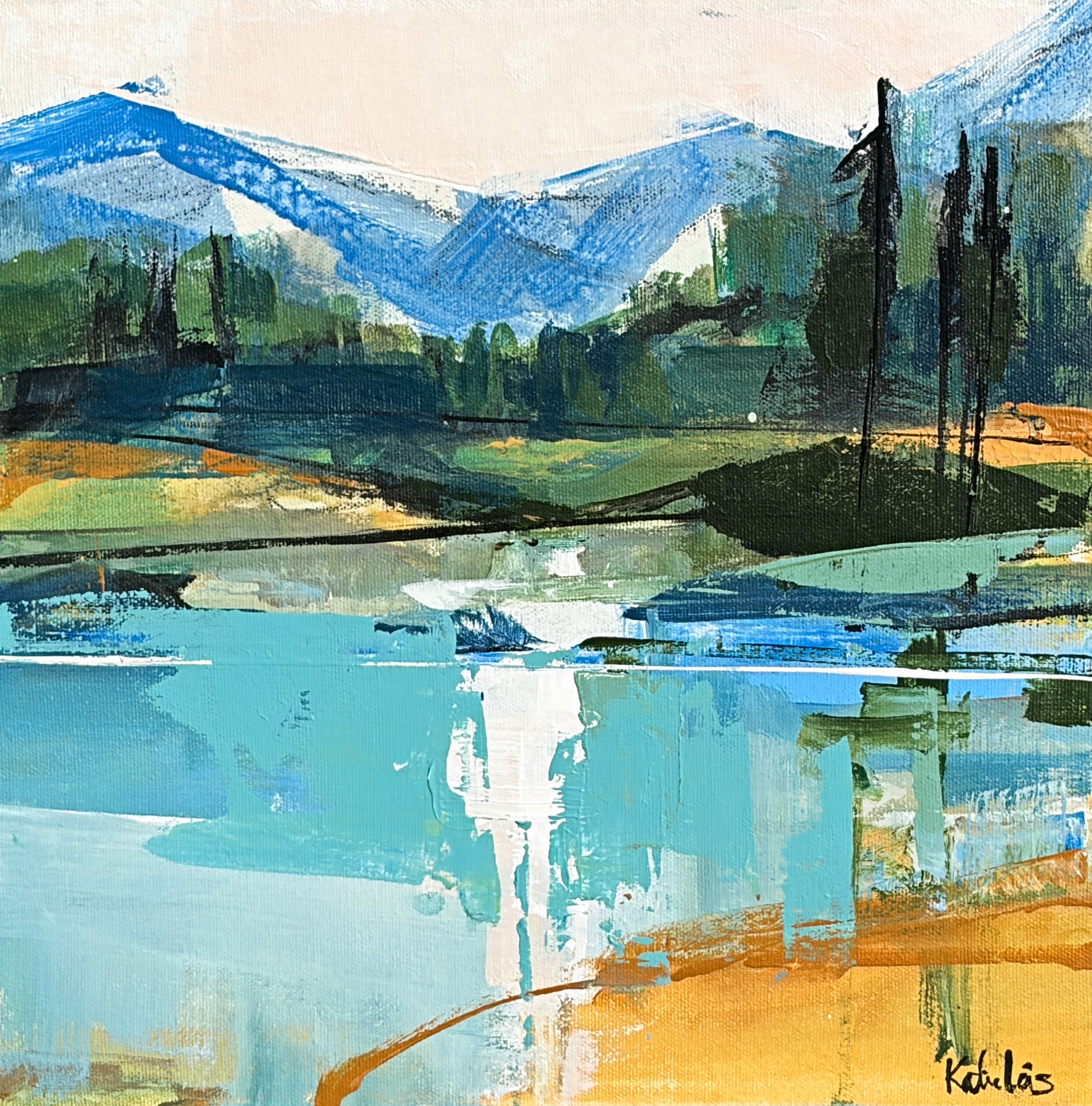 New Friends, original acrylic lake landscape painting by Canadian artist Katie Lois at Effusion Art Gallery in Invermere, BC.