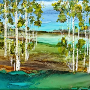 Silent Shelter, original alcohol ink landscape painting with aspen trees by Canadian artist Paulina Tokarski at Effusion Art Gallery in Invermere, BC.