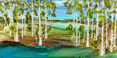 Silent Shelter, original alcohol ink landscape painting with aspen trees by Canadian artist Paulina Tokarski at Effusion Art Gallery in Invermere, BC.