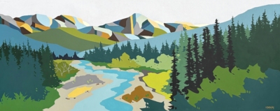 Along the Toby, original acrylic painting of Toby Creek in Panorama BC by Canadian artist Michelle Barkway at Effusion Art Gallery in Invermere, BC.