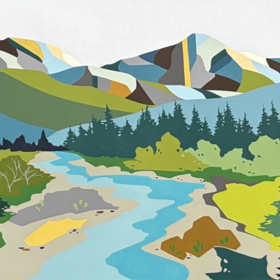 Along the Toby, original acrylic painting of Toby Creek in Panorama BC by Canadian artist Michelle Barkway at Effusion Art Gallery in Invermere, BC.