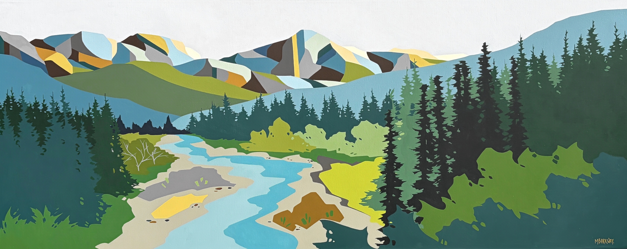Along the Toby, original acrylic painting of Toby Creek in Panorama BC by Canadian artist Michelle Barkway at Effusion Art Gallery in Invermere, BC.