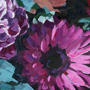 Floral 644, original mini acrylic purple and pink flower painting by Canadian artist Keith Dalgleish at Effusion Art Gallery in Invermere, BC.