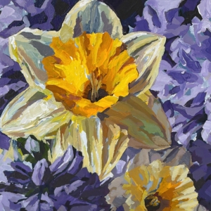Floral 645, original mini acrylic daffodil and hyacinth painting by Canadian artist Keith Dalgleish at Effusion Art Gallery in Invermere, BC.