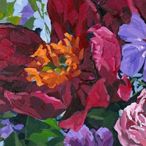Floral 646, original mini acrylic burgundy and purple flower painting by Canadian artist Keith Dalgleish at Effusion Art Gallery in Invermere, BC.