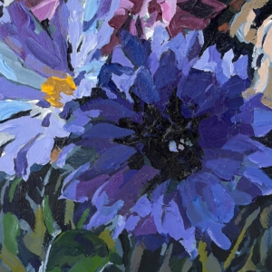 Floral 647, original mini acrylic purple flower painting by Canadian artist Keith Dalgleish at Effusion Art Gallery in Invermere, BC.