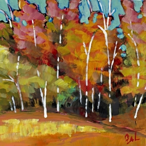 Autumn, original mini acrylic autumn landscape painting with colourful trees by Canadian artist Eleanor Lowden at Effusion Art Gallery in Invermere, BC.