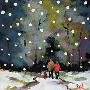 February Walk, original mini acrylic painting of a couple walking their dog on a snowy winter night by Canadian artist Eleanor Lowden at Effusion Art Gallery in Invermere, BC.
