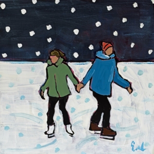 First Date, original mini acrylic painting of a couple skating and holding hands on a snowy winter night by Canadian artist Eleanor Lowden at Effusion Art Gallery in Invermere, BC.