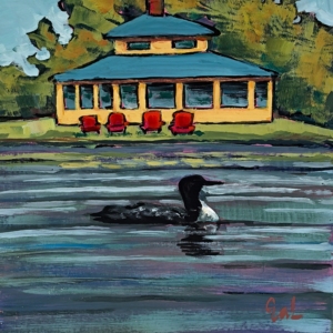 Loon original mini acrylic loon painting by Canadian artist Eleanor Lowden at Effusion Art Gallery in Invermere, BC.