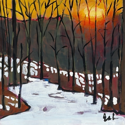 Sunrise, original acrylic painting of a mountain sunrise by Canadian artist Eleanor Lowden at Effusion Art Gallery in Invermere, BC.