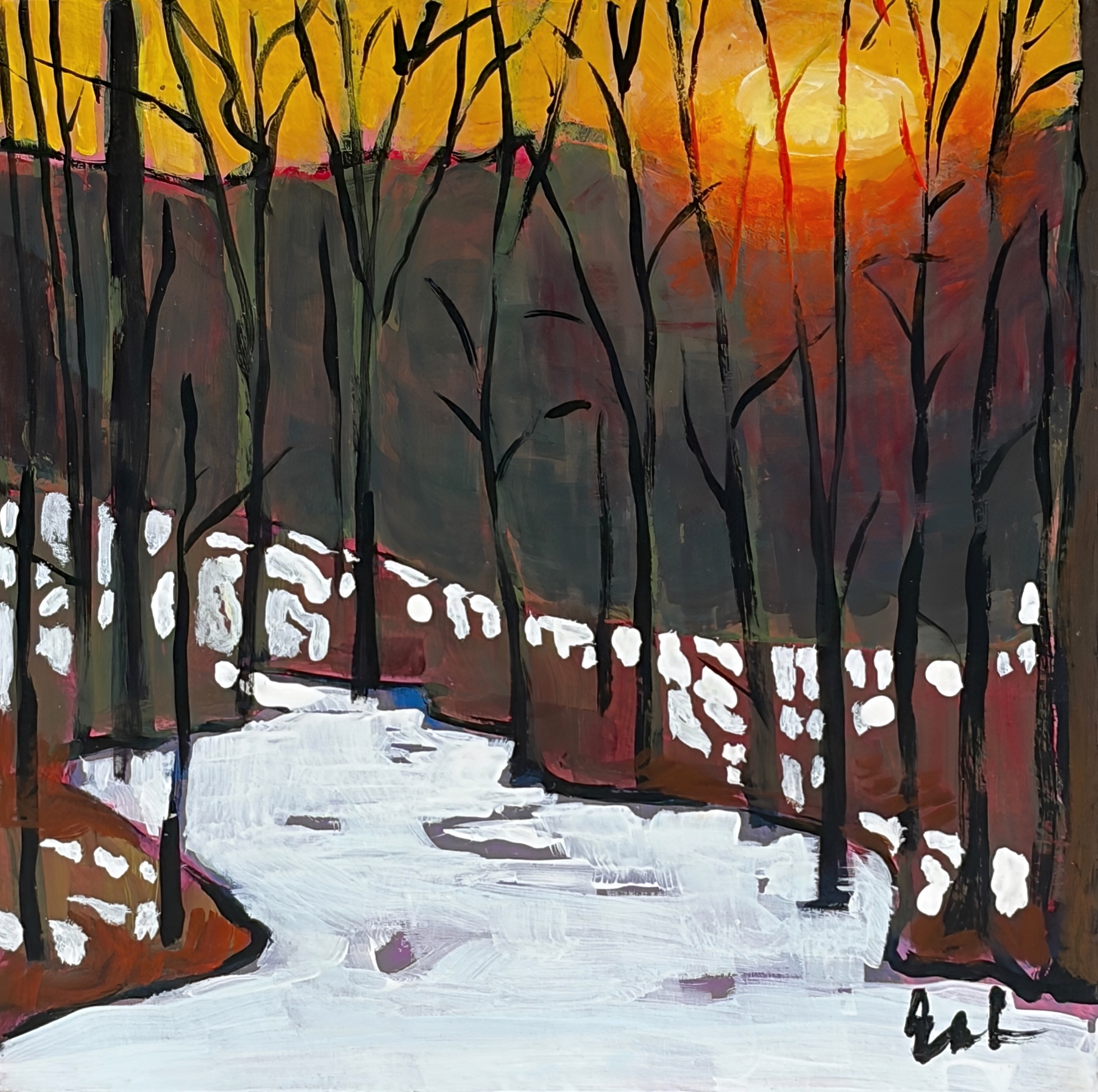 Sunrise, original acrylic painting of a mountain sunrise by Canadian artist Eleanor Lowden at Effusion Art Gallery in Invermere, BC.