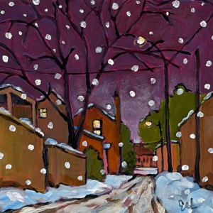 Twilight, original mini acrylic snowy evening landscape painting by Canadian artist Eleanor Lowden at Effusion Art Gallery in Invermere, BC.