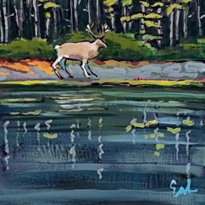 Wild, original mini acrylic painting of a deer standing beside a quiet summer lake by Canadian artist Eleanor Lowden at Effusion Art Gallery in Invermere, BC.