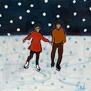 You're the One, original mini acrylic painting of a couple skating and holding hands on a snowy winter night by Canadian artist Eleanor Lowden at Effusion Art Gallery in Invermere, BC.