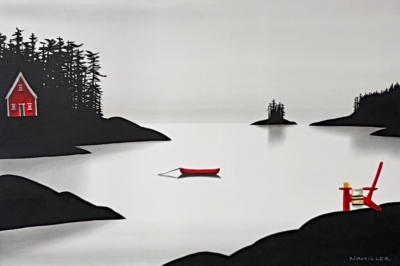 Don't Worry be Happy, original mixed media quiet lake landscape painting with a red canoe by Canadian artist Natasha Miller at Effusion Art Gallery in Invermere, BC.