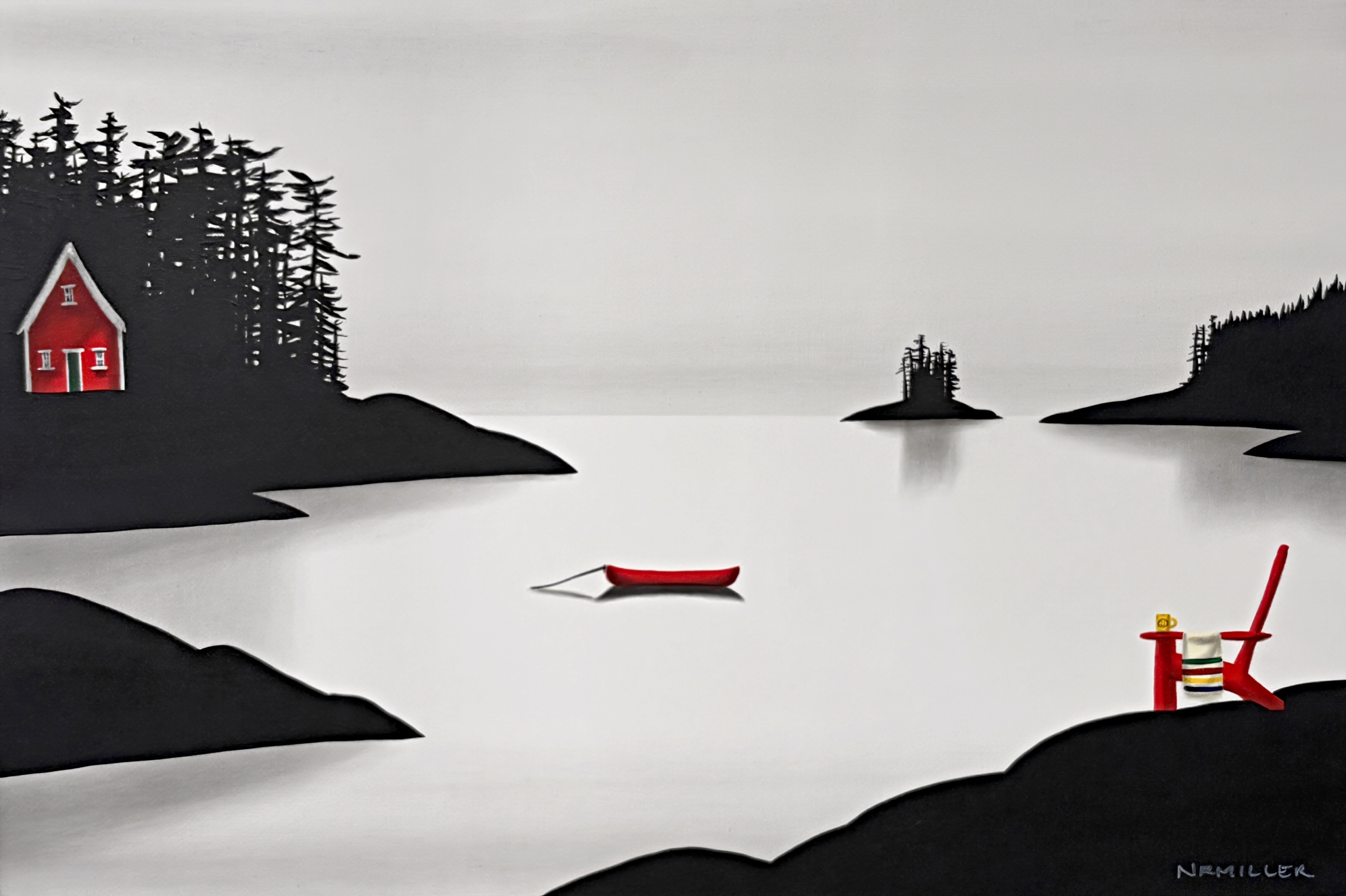 Don't Worry be Happy, original mixed media quiet lake landscape painting with a red canoe by Canadian artist Natasha Miller at Effusion Art Gallery in Invermere, BC.
