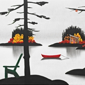 Fall Friends, original mixed media autumn lake landscape painting with a red canoe by Canadian artist Natasha Miller at Effusion Art Gallery in Invermere, BC.