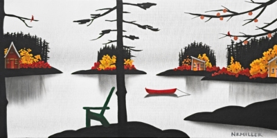 Fall Friends, original mixed media autumn lake landscape painting with a red canoe by Canadian artist Natasha Miller at Effusion Art Gallery in Invermere, BC.