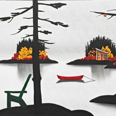 Fall Friends, original mixed media autumn lake landscape painting with a red canoe by Canadian artist Natasha Miller at Effusion Art Gallery in Invermere, BC.
