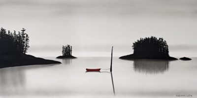 Ghosts in the Fog, original mixed media quiet lake landscape painting with a red canoe by Canadian artist Natasha Miller at Effusion Art Gallery in Invermere, BC.
