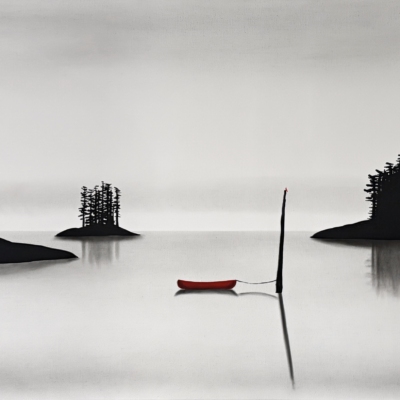 Ghosts in the Fog, original mixed media quiet lake landscape painting with a red canoe by Canadian artist Natasha Miller at Effusion Art Gallery in Invermere, BC.