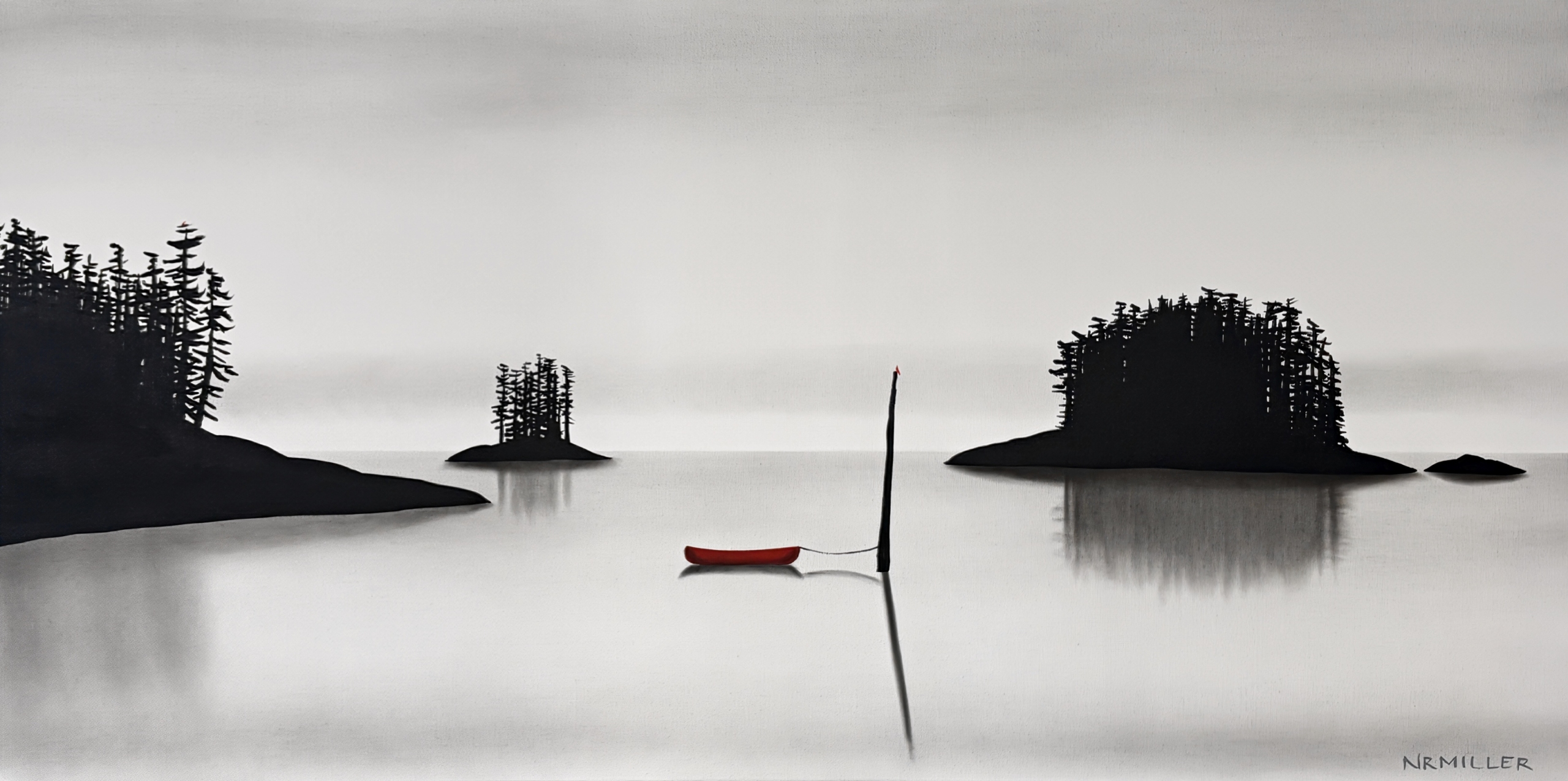 Ghosts in the Fog, original mixed media quiet lake landscape painting with a red canoe by Canadian artist Natasha Miller at Effusion Art Gallery in Invermere, BC.