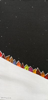 Going Downhill, original mixed media landscape tiny ski chalets under a snowy night sky by Canadian artist Natasha Miller at Effusion Art Gallery in Invermere, BC.