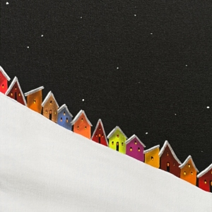 Going Downhill, original mixed media landscape tiny ski chalets under a snowy night sky by Canadian artist Natasha Miller at Effusion Art Gallery in Invermere, BC.