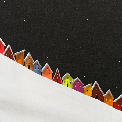 Going Downhill, original mixed media landscape tiny ski chalets under a snowy night sky by Canadian artist Natasha Miller at Effusion Art Gallery in Invermere, BC.