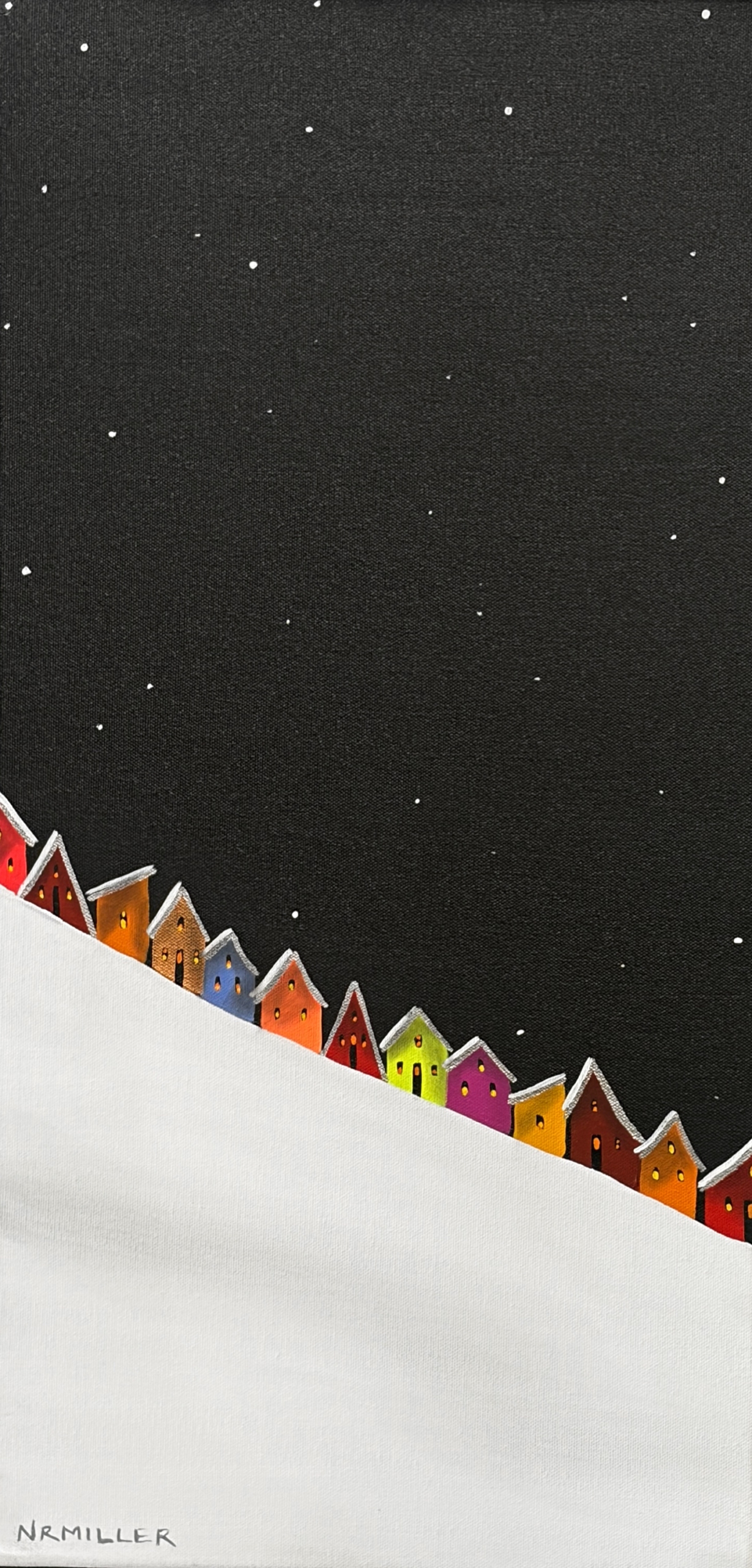 Going Downhill, original mixed media landscape tiny ski chalets under a snowy night sky by Canadian artist Natasha Miller at Effusion Art Gallery in Invermere, BC.