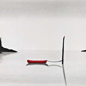 Simpler Saturdays, original mixed media lake landscape painting with a red canoe by Canadian artist Natasha Miller at Effusion Art Gallery in Invermere, BC.