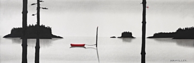 Simpler Saturdays, original mixed media lake landscape painting with a red canoe by Canadian artist Natasha Miller at Effusion Art Gallery in Invermere, BC.