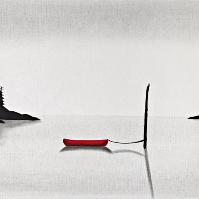 Simpler Saturdays, original mixed media lake landscape painting with a red canoe by Canadian artist Natasha Miller at Effusion Art Gallery in Invermere, BC.